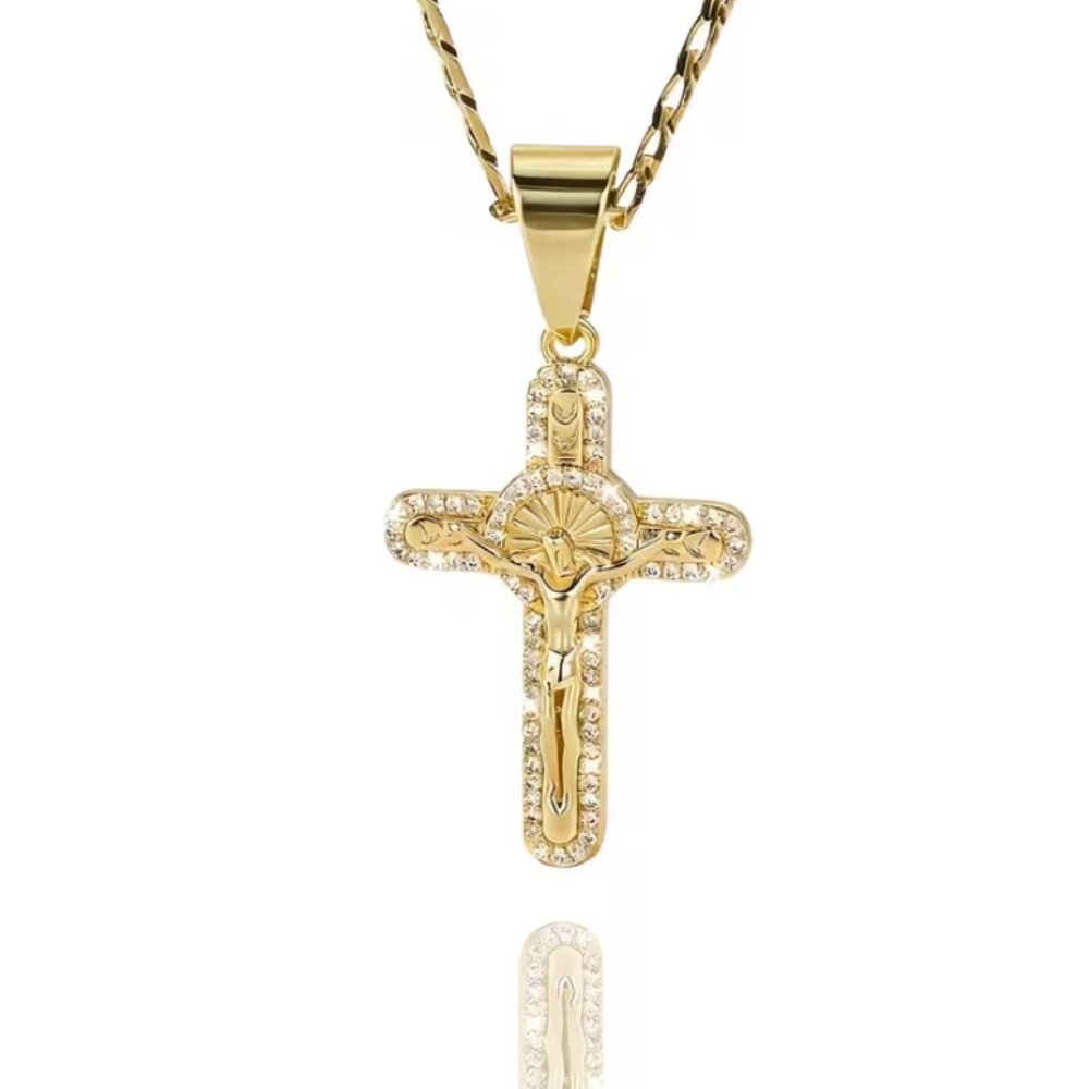 14K Gold Mens 24" Chain Link Cross Pendant Necklace 14K Silver Christian Jewelry